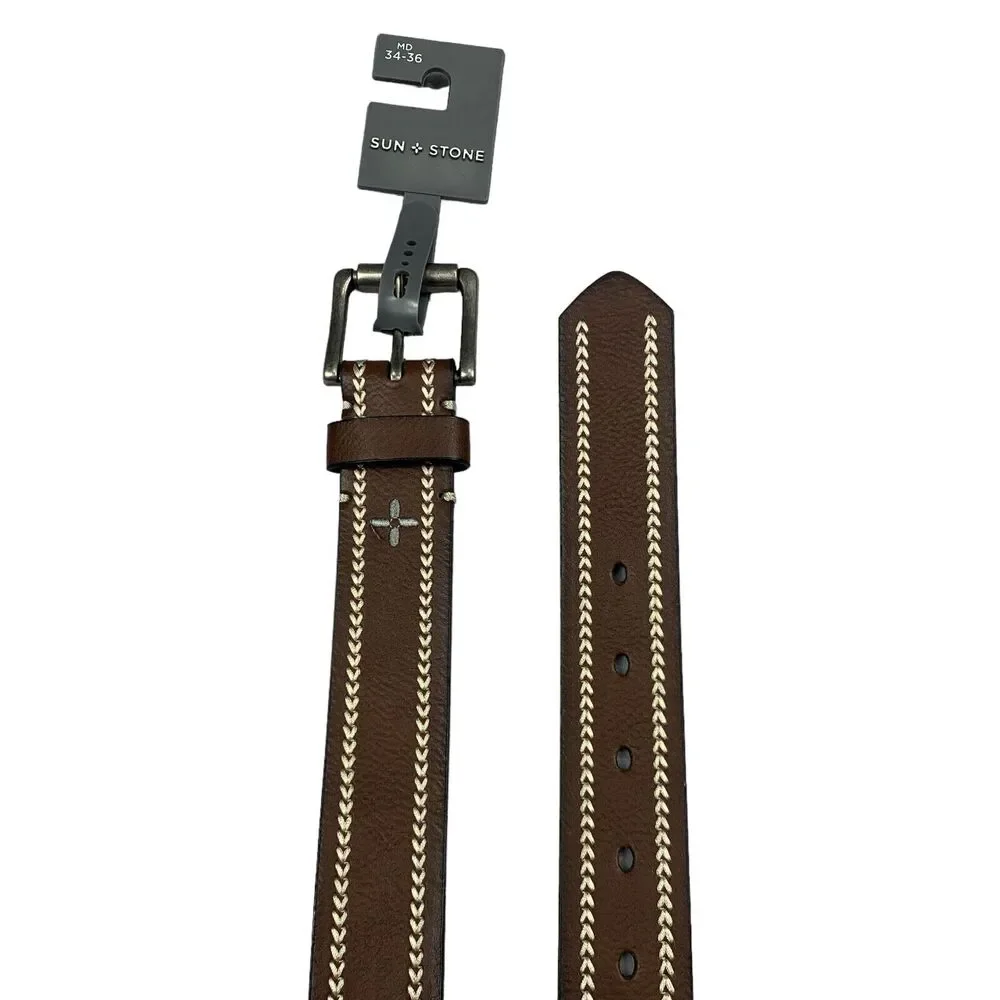 Sun + Stone Mens Faux Leather Stitched Belt Dress Casual Brown M 34-36